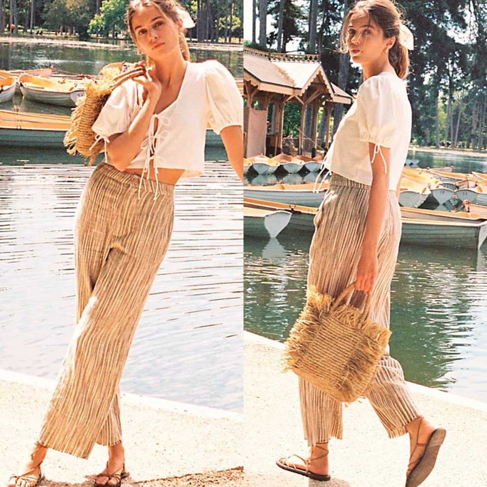 Free People Marta Yarn Dye Wide Leg‎ Trousers Womens Size 0 Brown Striped Boho - Picture 2 of 16